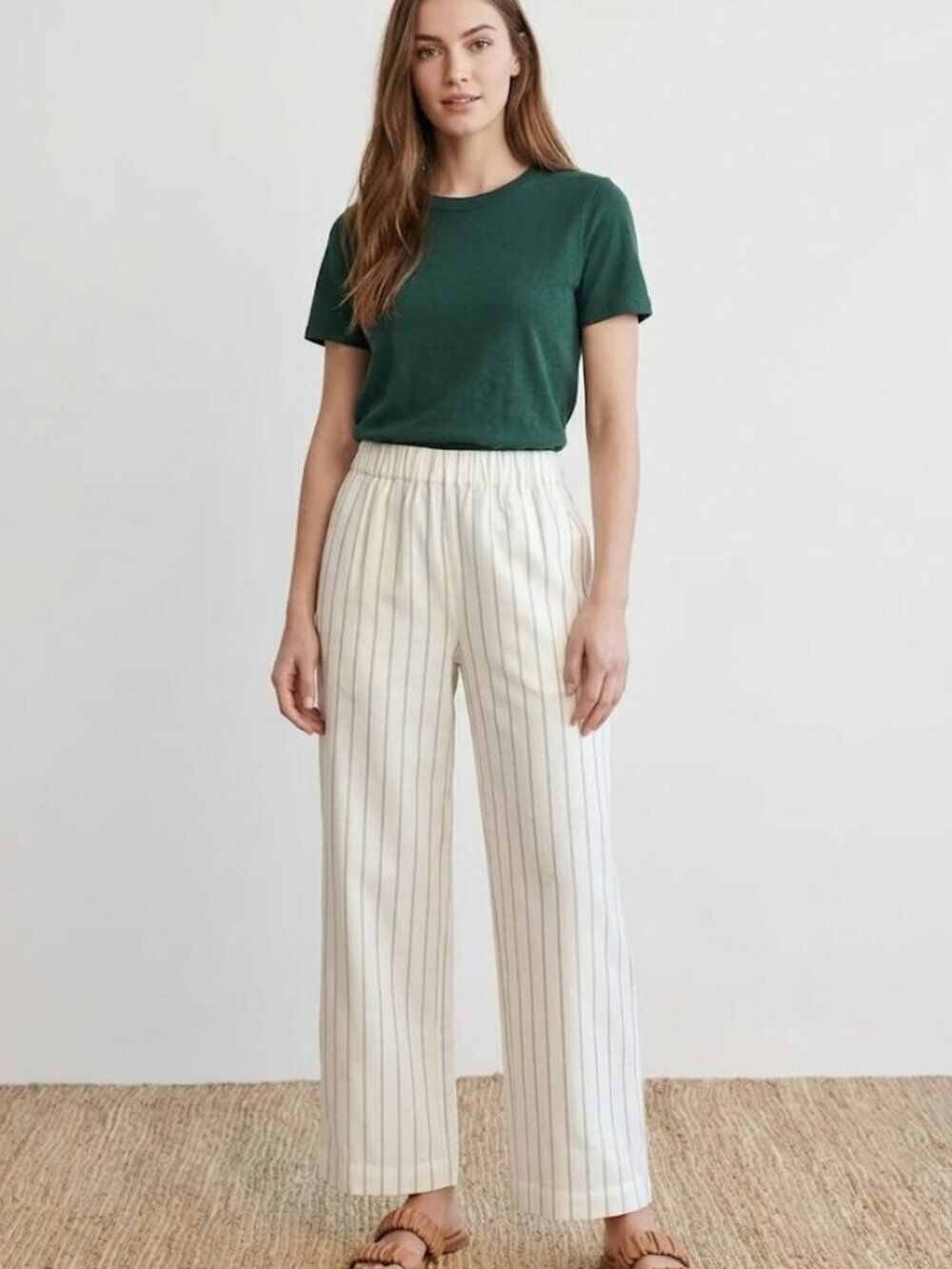 Jenni Kayne Pants Honey Stripe Straight Leg Italian Fabric Size L NWT